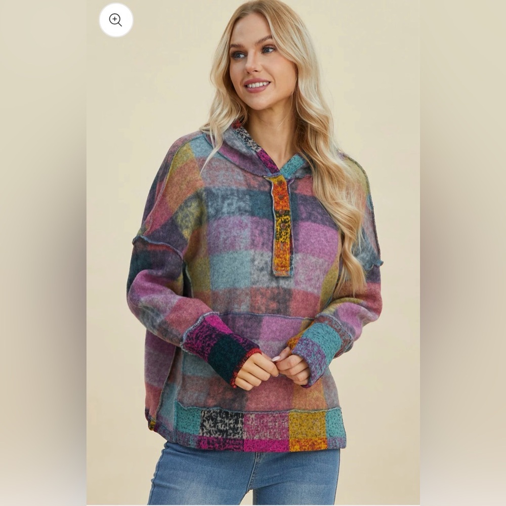 BiBi Multicolor Plaid Hooded Sweater - Purple, Teal, Pink, Mustard